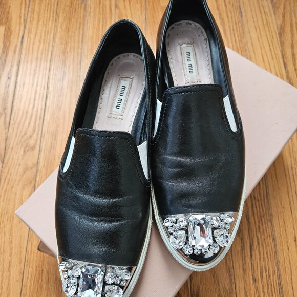 Miu Miu Crystal Cap-Toe Leather Sneaker - Picture 1 of 13